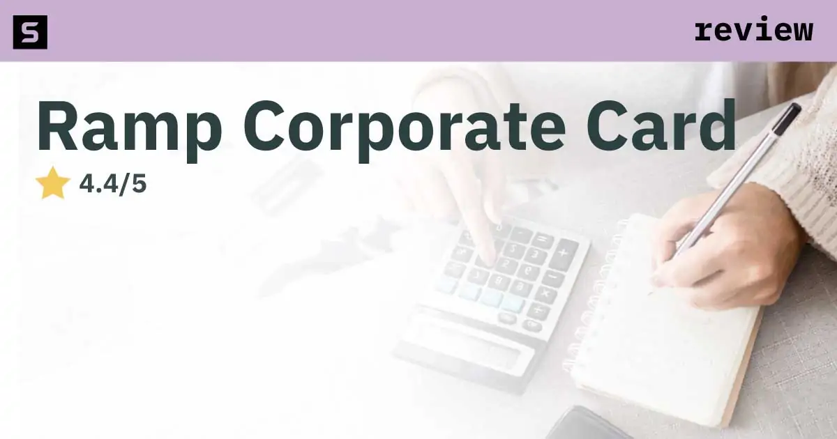 Smiling business person pointing at 4.0 stars and Ramp corporate card logo.